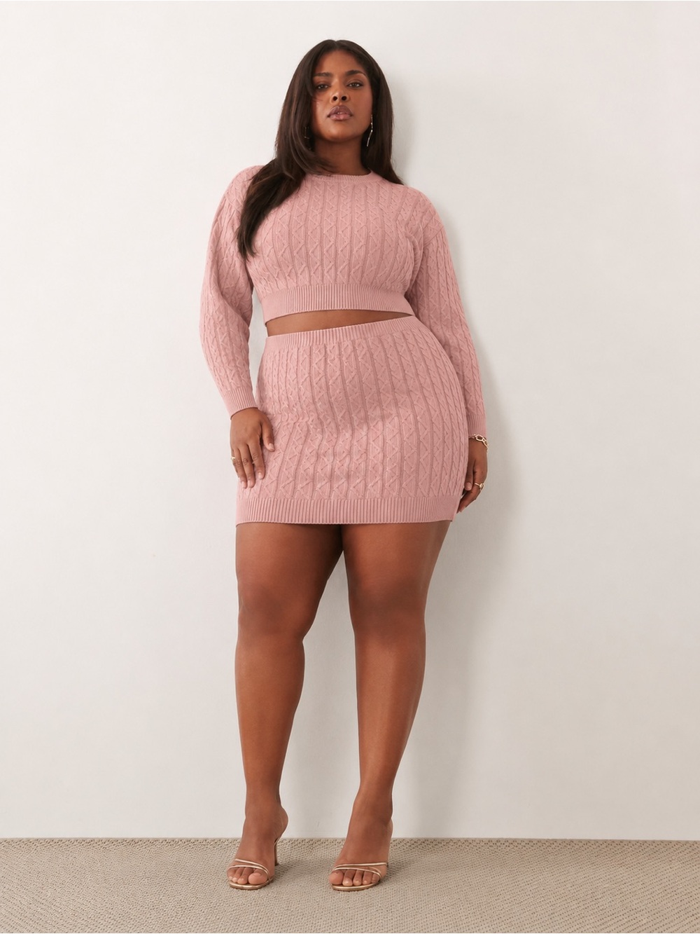 Edit by Nine Sweater Skirt Set Large Pink Cable Knit Cropped plus size